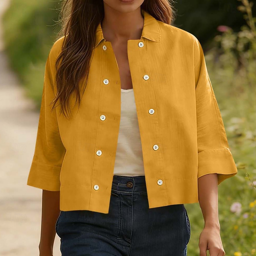 Mulheres Camisa Social Camisas com toque de linho Camisa casual camisa de botão Botões Côr Sólida Férias Vintage Moda Meia Manga Aberto para a Lateral Tops regulares Diário Feriado Roupa de Praia de 2026 por $22.99 –P3