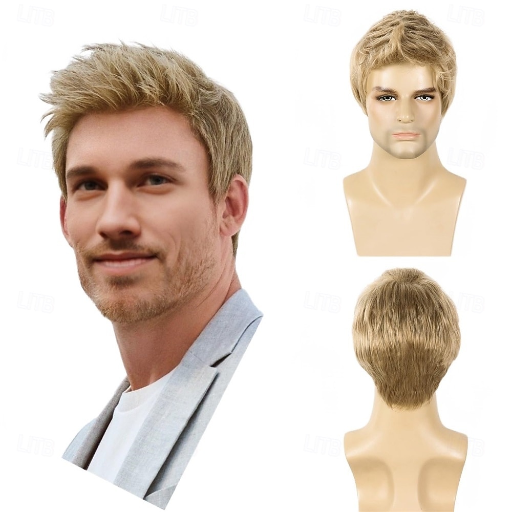 Parrucca bionda da uomo, corta, liscia, in capelli sintetici biondi, per uso quotidiano, costume anime, Halloween, cosplay e feste (adatta a circonferenze della testa di 21-22,5 pollici). del 2026 a $28.99 –P1