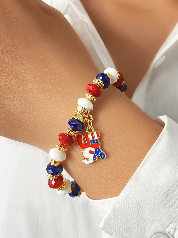 Women's Alloy & Acrylic Patriotic Charm Bracelet, Stretch Beaded Bracelet in Multi Pendant Styles for America 250th Celebration, Independence Day and Daily Casual Wear 2026 - $7.99 –P4