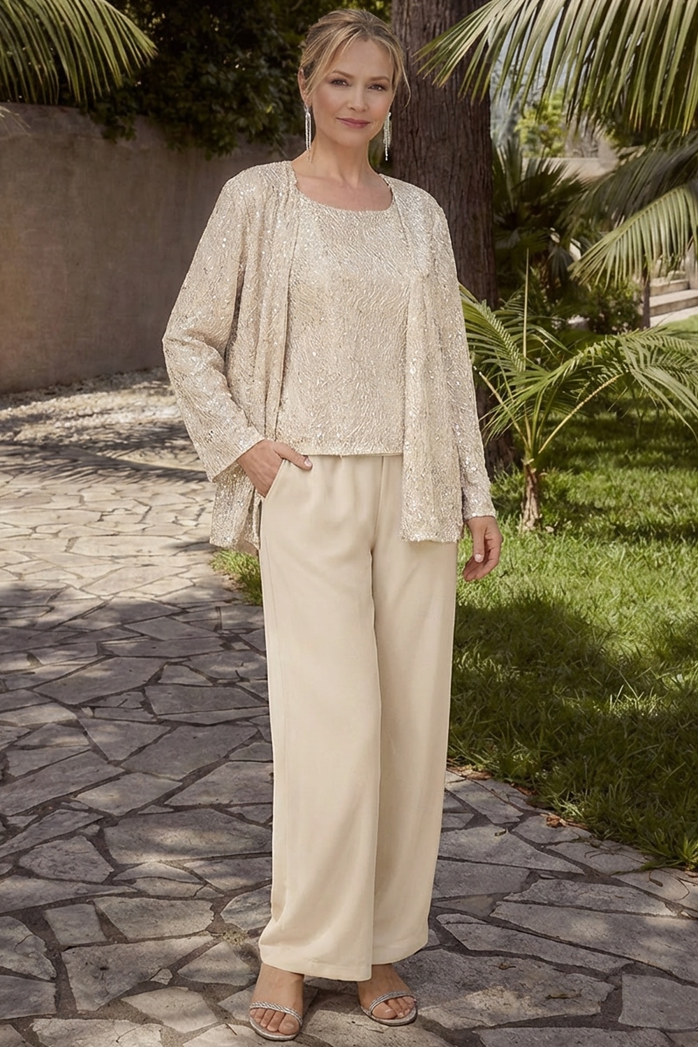 Terninho Traje de 3 peças Longo Vestido Para Mãe dos Noivos Sem Manga Scoop pescoço Elegante Convidado do casamento Chiffon Renda Embrulho incluido com Lantejoulas de 2026 por $183.99 –P16