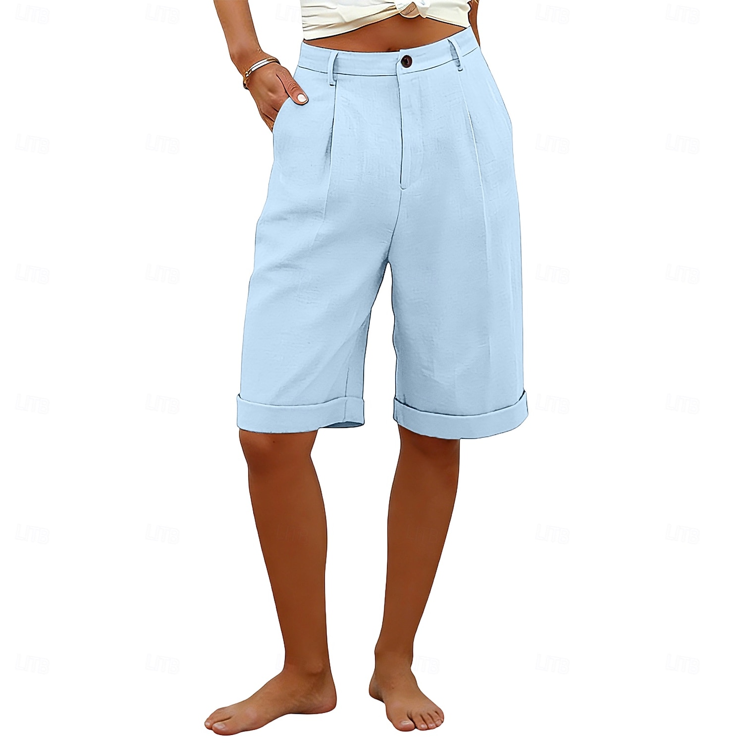 Dame Capri-bukser Shorts Lin Shorts Dress Shorts Ferie Mote Grunnleggende Knelengde Middels midje عادي Lomme Elastisk midje Rett ben Lettvekt Bekvem Pustende Uelastisk Daglig Gate Ferie Svart Hvit 2026 - $22.99 –P9