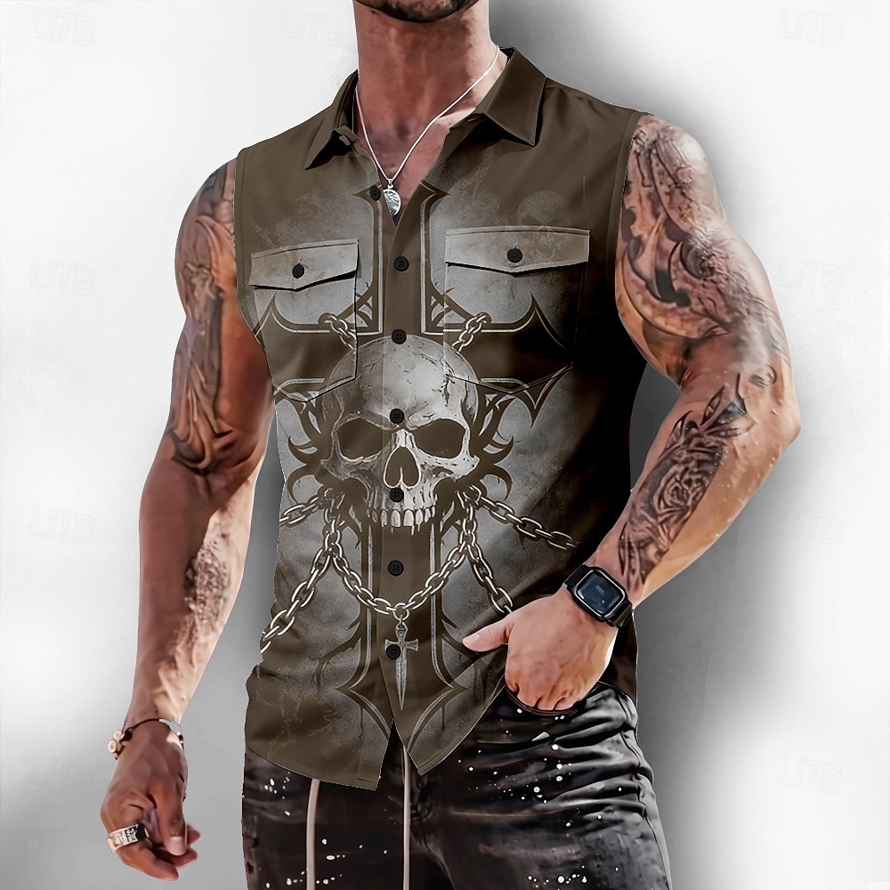 Herren Gothic-Horror Kreuz Totenkopfe Hemd Knopfhemd Ärmelloses Shirt Ärmellos Dunkler Gothic-Stil Outdoor Lässig Sommer Frühling Umlegekragen 3D-Druck Zwei Fronttaschen Blau Schwarz Purpur Braun 2026 - $25.99 –P3