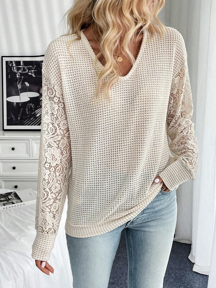 Per donna Maglietta Waffle Maglietta Blusa Top in pizzo Pizzo Semplice Elegante Essenziale Classico Manica Lunga Scollo a V Top Regolari Quotidiano Ferie Uscire Albicocca Estate Primavera del 2026 a $27.99 –P5