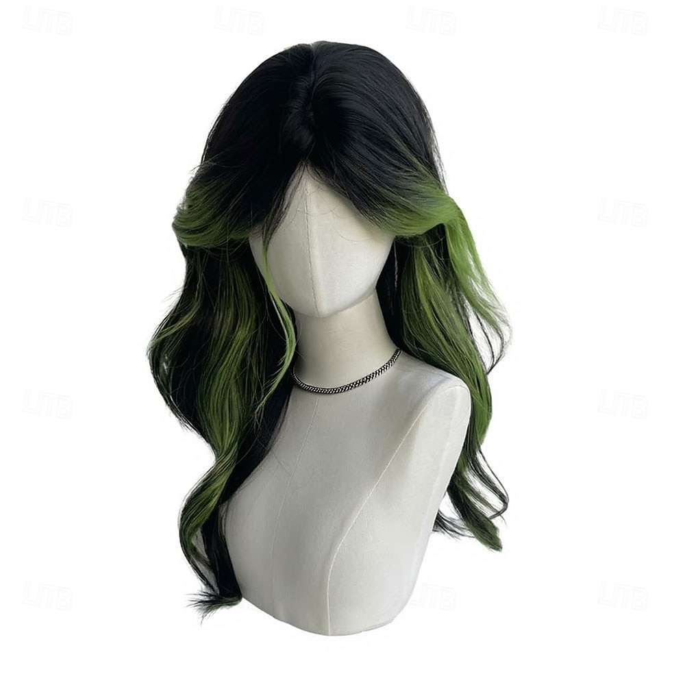 Peruca longa ondulada com franja, em tom preto natural com mechas verdes. &Peruca sintética gótica lolita para cosplay, com risca ao meio e resistente ao calor, ideal para uso diário e festivais. de 2026 por $30.99 –P2