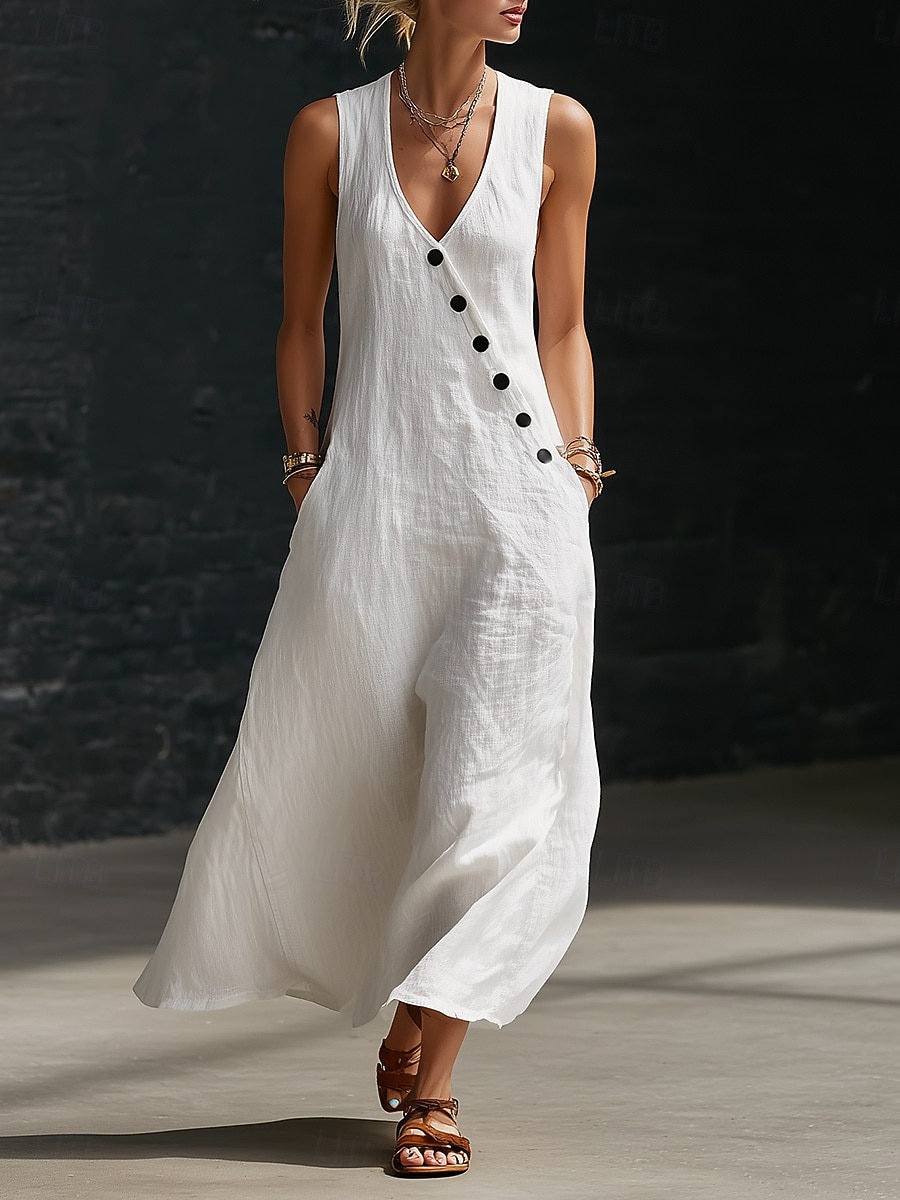 Robe longue en coton et lin pour femme, robe d'été, robe trapèze, robe cintrée et évasée, robe de vacances décontractée, style bohème, robe de plage décontractée, robe de soirée ample, robe unie sans de 2026 ? $24.99 –P6