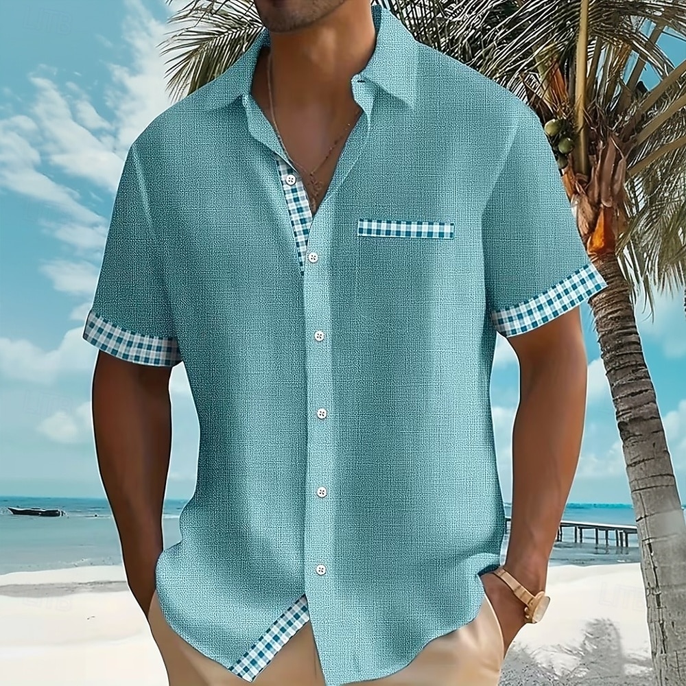 Herren Geometrisch Karo / Karomuster Hemd Sommerhemd Knopfhemd Kurzarm Modisch lässig Täglich Strandurlaub Sommer Umlegekragen 3D-Druck Eine Tasche vorne Leinenähnliches Hemd Blau Blaugrün Weiß Grau 2026 - $27.99 –P1