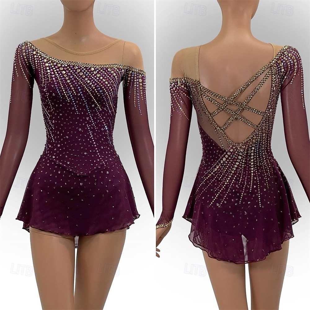 Kunstschaatsjurk Dames Voor meisjes Schaatsen Jurken Bordeaux Lapwerk Open achterkant Netstof Spandex Hoge Elasticiteit Opleiding Wedstrijd Kunstschaatskleding Klassiek Kristal / Bergkristal Lange 2026 - $298.59 –P1