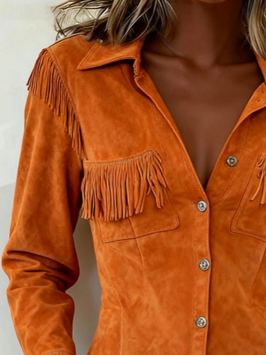 Women's Shirt Blouse Long Sleeve Tops Buttons Fringe Plain Stylish Western Classic Long Sleeve Shirt Collar Regular Tops Daily Holiday Going out Orange Summer Spring 2026 - $38.99 –P2