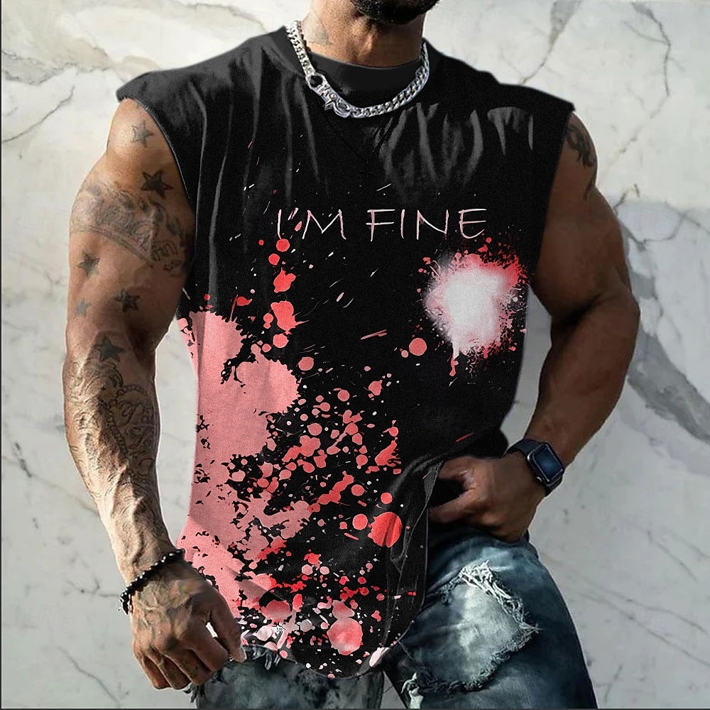 Herr-t-shirt med "jag mår bra", blodigt stänk, rolig mörk humor, ärmlös t-shirt med heltäckande tryck, skräckgrafik, muskeltröja, designerkläder, s m l xl xxl xxxl 2026 - $17.99 –P3