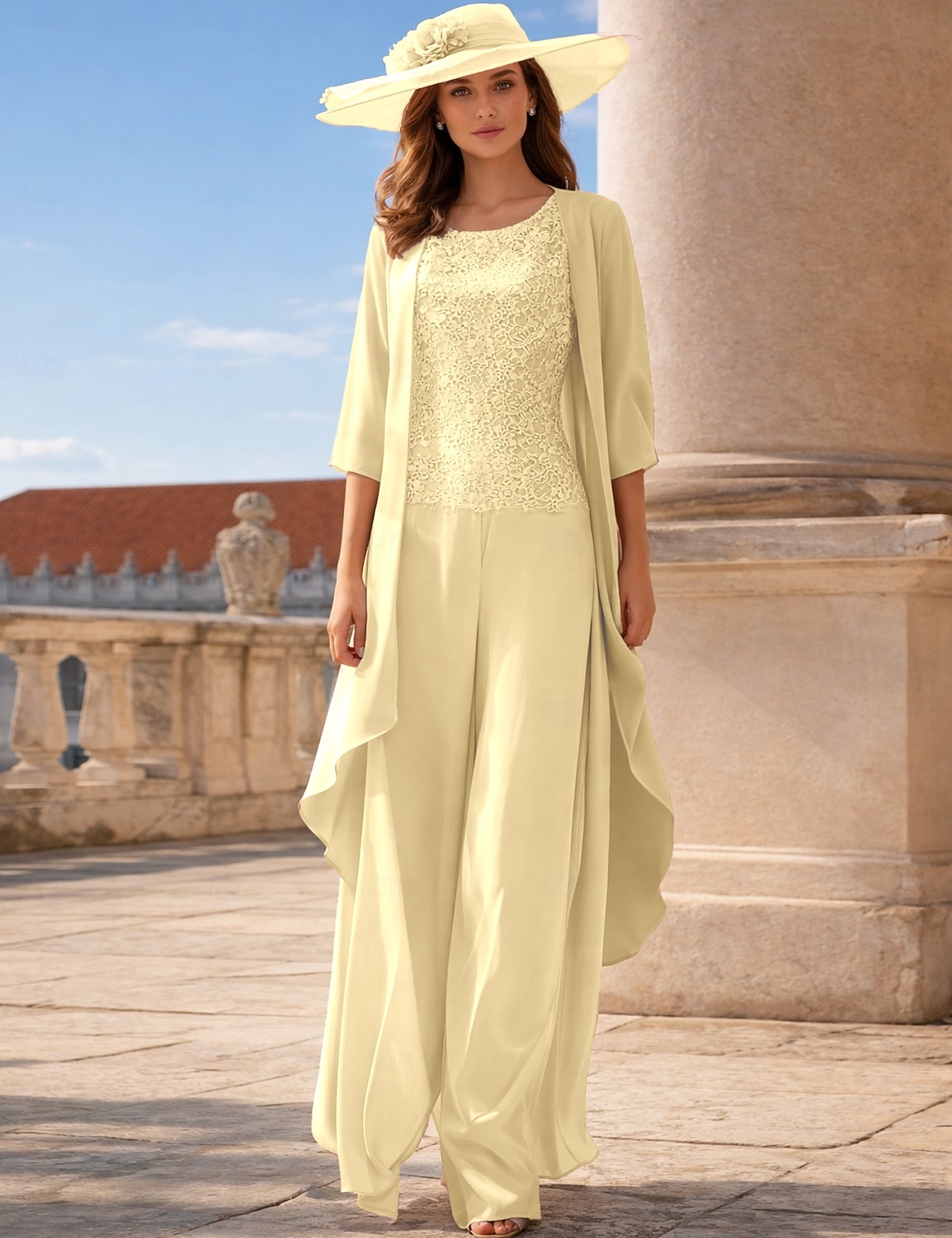 Broek 3-delig pak Tot de grond Moeder van de bruid jurk Mouwloos Ronde hals Elegant Grote maten Formeel Bruiloft gast Chiffon Kant met Appliqués 2026 - AU $253.66 –P8