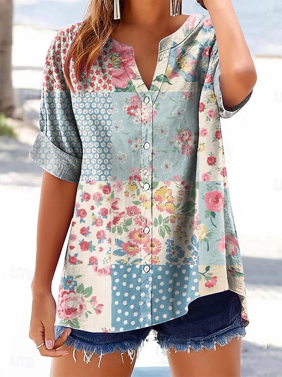 Femmes Chemise Boutons Imprimé Fleuri Graphique Vacances Quotidien Occasionnel Manche Courte Col en V Hauts Réguliers Quotidien Fête Sortir Bleu Été Printemps de 2026 ? $28.99 –P1