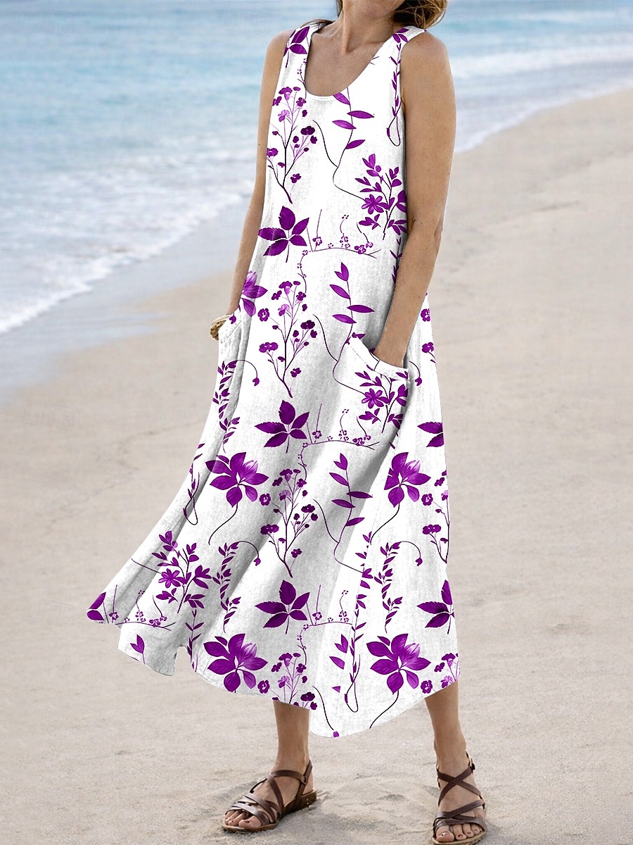 Mujer Vestido Midi Vestido de verano Vestido de una línea Vacaciones Casual Boho Festivos Holgado Floral Graphic Sin Mangas Escote en U Azul Piscina Rojo Morado Verde Trébol Verano Primavera 2026 - $33.99 –P4
