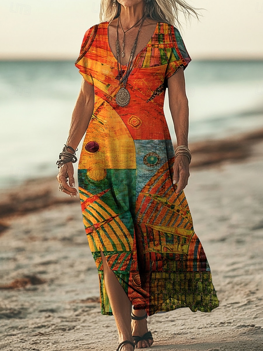 Dame Maxikjole Boho-kjole Uformell kjole Kjole med A-linje Print kjole Årgang utendørs Feriereise Helg Løstsittende Fargeblokk Kortermet V-hals Regnbue Sommer Vår 2026 - $25.99 –P1