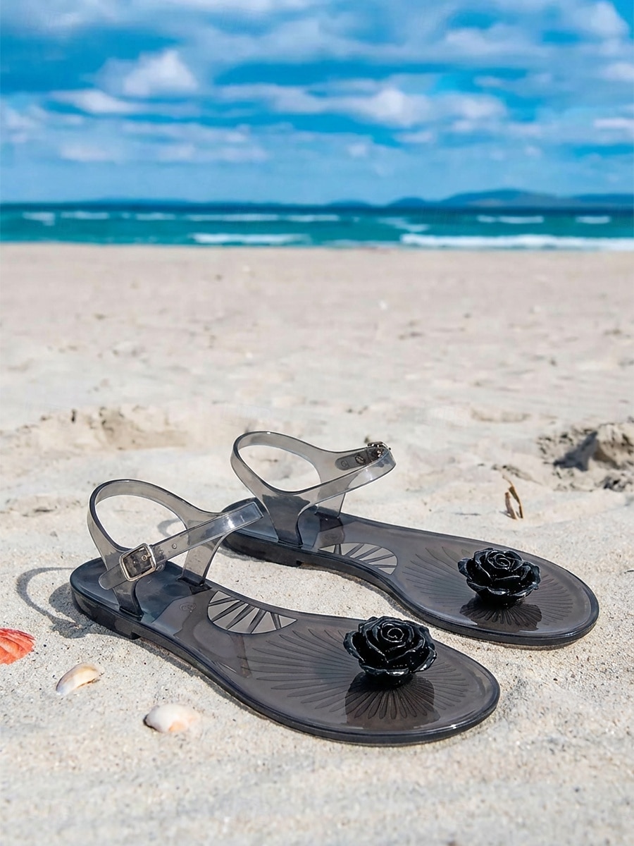 Sandales en plastique jaune pour femmes - sandales de plage romantiques et imperméables avec décoration de roses en 3D &Bride de cheville ajustable pour les vacances d'été, les escapades sur les îles de 2026 ? $24.99 –P6