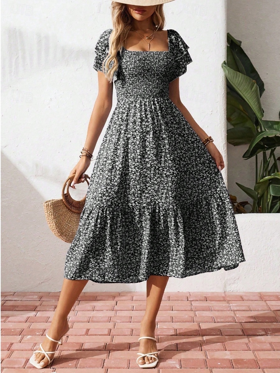 Dam Midiklänning Vardagsklänning Swingklänning Blommig klänning Elegant Mode Modern Utomhus Semester Utekväll Normal Ditsy Floral Kortärmad Fyrkantig hals Blå Svart Rubinrött Purpur Sommar Vår 2026 - $33.99 –P19