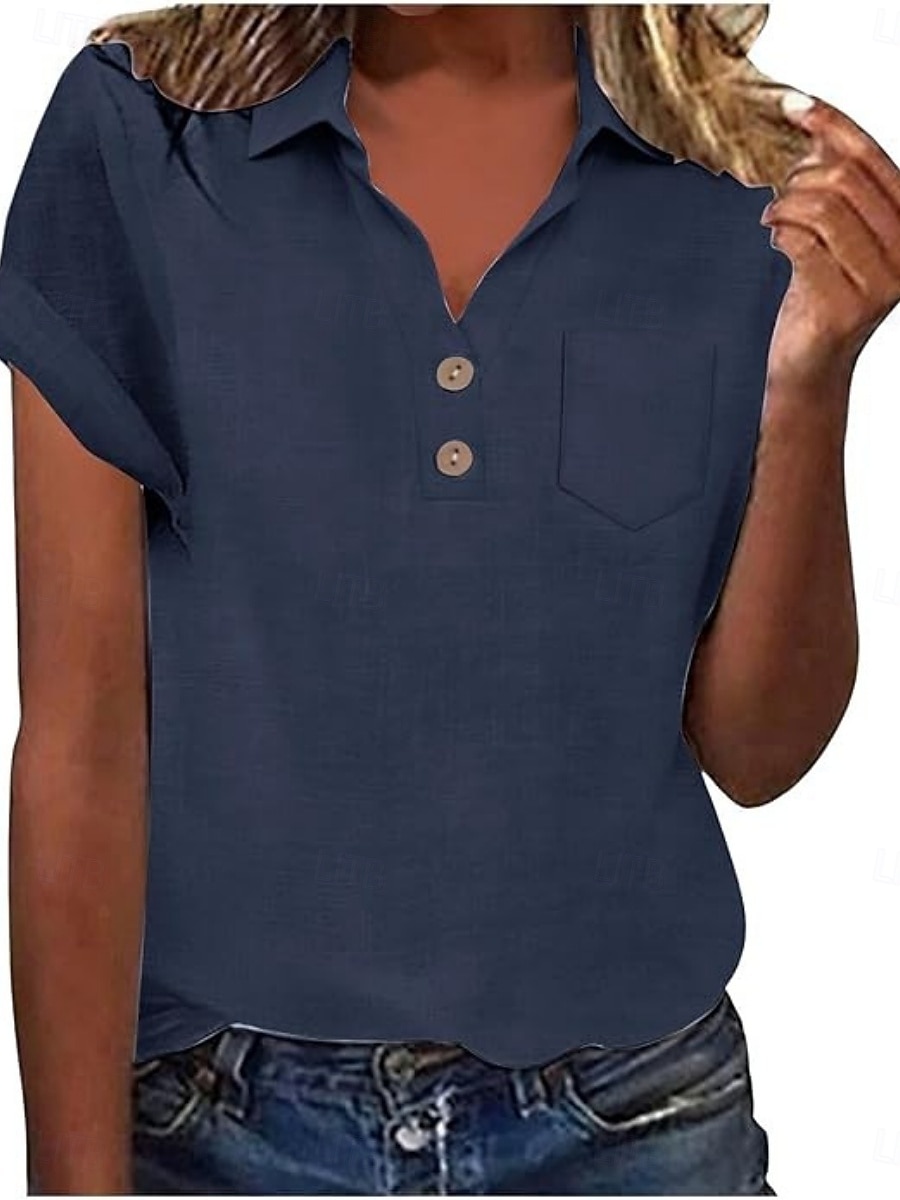 Women's Shirt Blouse Cotton Shirt Buttons Solid Color Vintage Classic Modern Short Sleeve Shirt Collar Regular Tops Daily Holiday Going out White Yellow Navy Blue Sky Blue Light Blue Summer Spring 2026 - $22.99 –P6