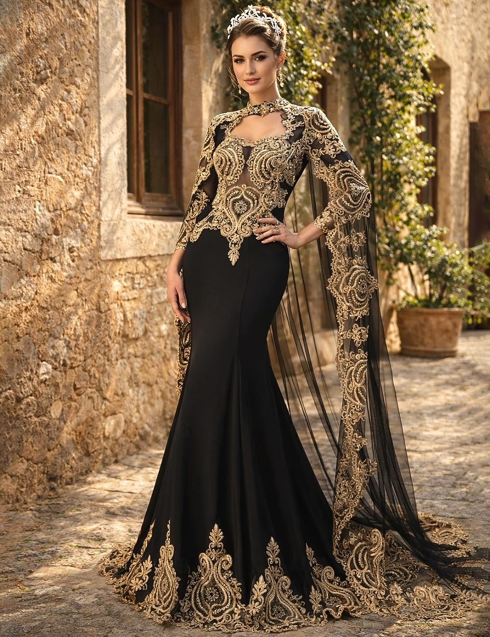 Sirena Tromba Strascico da Corte Abito da ballo con mantello Abito da Sera Abito formale Vintage Brillanti Brillare & Splendere Manica Lunga Collo Alto Halloween Ospite di nozze Raso Tulle con del 2026 a $275.99 –P1