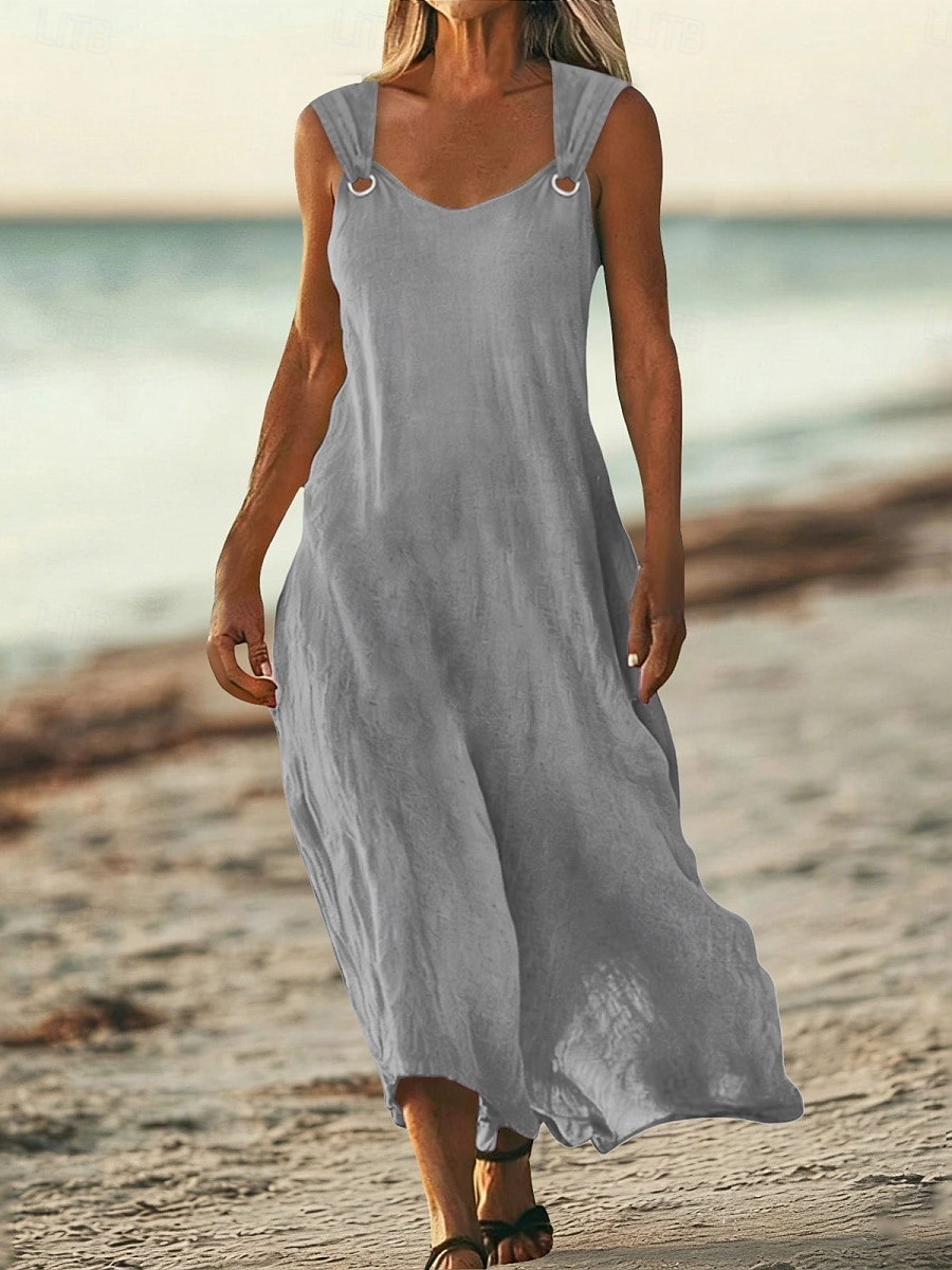 Women's Maxi Dress Linen-feel Dresses A Line Dress Summer Dress Casual Daily Loose Fit Plain Sleeveless V Neck Blue Black White Yellow Summer 2026 - $25.99 –P5