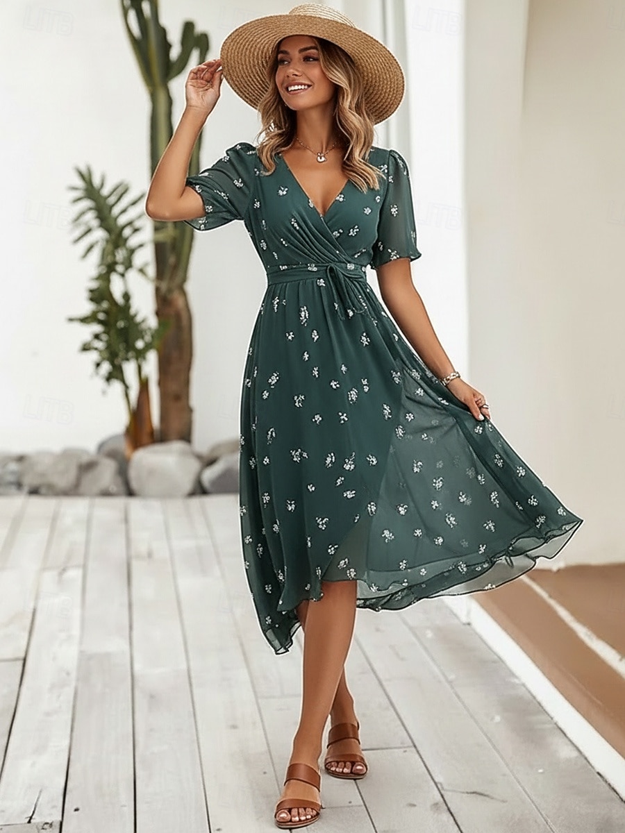 Per donna Abito Midi Abito Boho Vestito in Chiffon Abito Floreale Moda Moderno Vacanza Ferie Vestibilità regolare Fiore Manica Corta Scollo a V Blu Verde chiaro Rosso Blu marino Estate del 2026 a $28.99 –P1