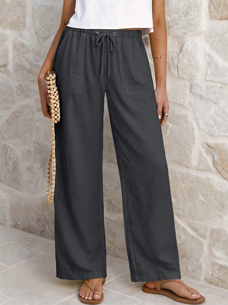 Damskie Lniane spodnie Spodnie Spodnie codzienne Letnie spodnie Urlop Moda Podstawowy Pełna długość Średia talia Równina Ściągana na sznurek Elastyczny pas Prosta noga Lekki Oddychający Nieelastyczny 2026 - $25.99 –P11