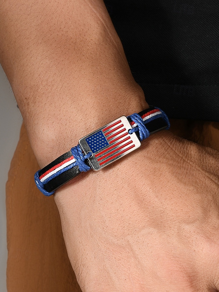 צמיד עור מתכוונן לגברים עם עיצוב דגל אמריקאי, חומר עור אמיתי, סגנון פטריוטי, מושלם לציון 250 שנה לארה"ב, יום העצמאות וללבוש יומיומי חיצוני 2026 - $7.99 –P1