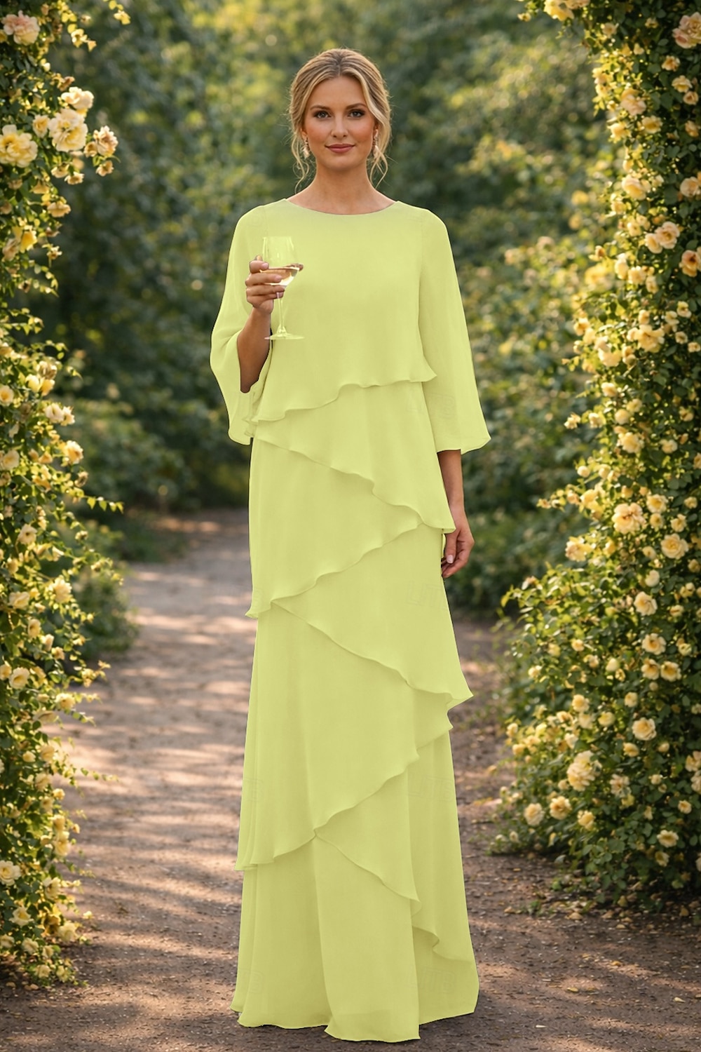 Schlauchkleid Bodenlang Kleid für Hochzeitsgäste Abendkleid Brautmutterkleid Dreiviertelarm Rundhalsausschnitt Elegant Formell Chiffon mit Rüschen 2026 - $89.99 –P6