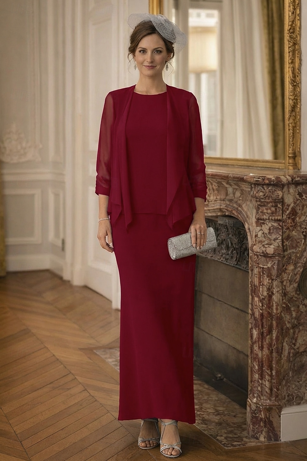 Duas Peças Tubinho Longo Vestido de convidada de casamento Vestido Para Mãe dos Noivos Manga Longa Scoop pescoço Elegante Formal Convidado do casamento Chiffon Embrulho incluido com Cor Única de 2026 por $142.99 –P6