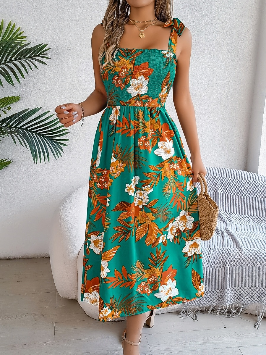 Women's Midi Dress Beach Dress A Line Dress Floral Dress Slip Dress Elegant Fashion Modern Outdoor Beach Vacation Regular Fit Floral Sleeveless Square Neck Blue Yellow Green Summer Spring 2026 - $26.99 –P14