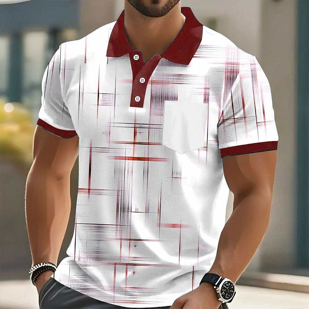 Herr Geometrisk Linje Polo Kortärmad Polotröjor Skjortor med krage Business Casual Utomhus Fritids- Dagliga kläder Ficka 3D-utskrift Knappar Sommar Blå Svartvit Svart 2026 - $21.99 –P4