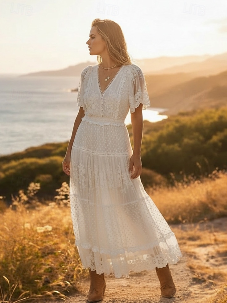 Damen abendkleider Spitzenkleid Schaukelkleid Maxikleid Weiß Kurzarm Einfarbig Spitze Frühling Sommer V Ausschnitt Boho 2023 S M L XL 2026 - $43.99 –P2