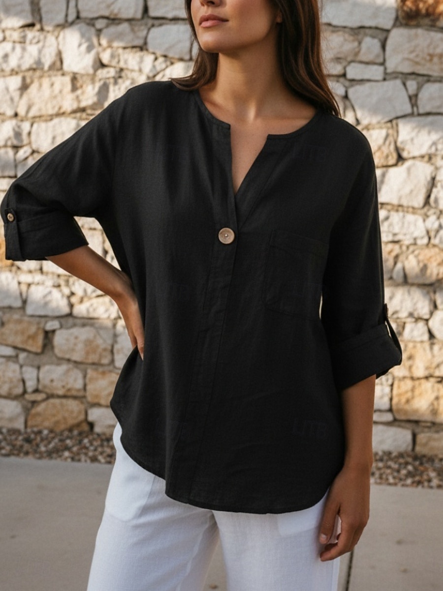 Women's Linen-feel Shirts Blouse Pocket Buttons Plain Active Casual Half Sleeve V Neck Regular Tops Daily Holiday Going out Blue Black White Pink Purple Summer Spring 2026 - $18.99 –P3