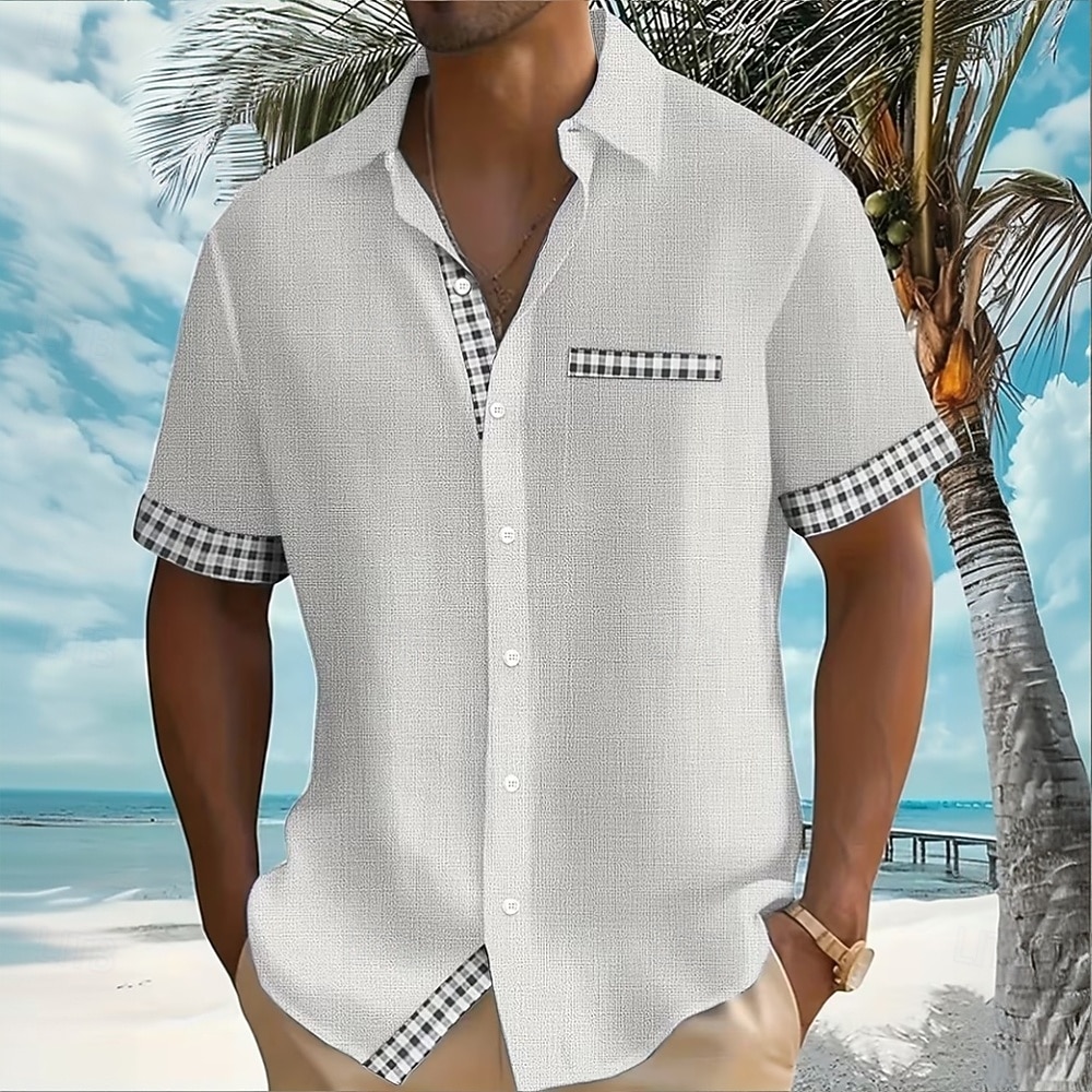 Herren Geometrisch Karo / Karomuster Hemd Sommerhemd Knopfhemd Kurzarm Modisch lässig Täglich Strandurlaub Sommer Umlegekragen 3D-Druck Eine Tasche vorne Leinenähnliches Hemd Blau Blaugrün Weiß Grau 2026 - $27.99 –P7