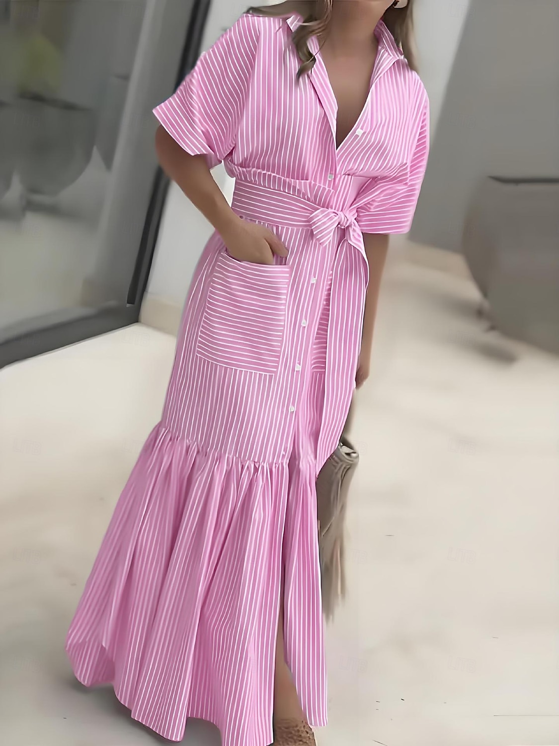Mujer Vestido maxi Vestido informal Vestido de una línea Elegante Playa Ajuste regular Graphic Raya Manga Corta Cuello Camisero Azul Piscina Negro Rosa Rojo Verano Primavera 2026 - $43.99 –P4