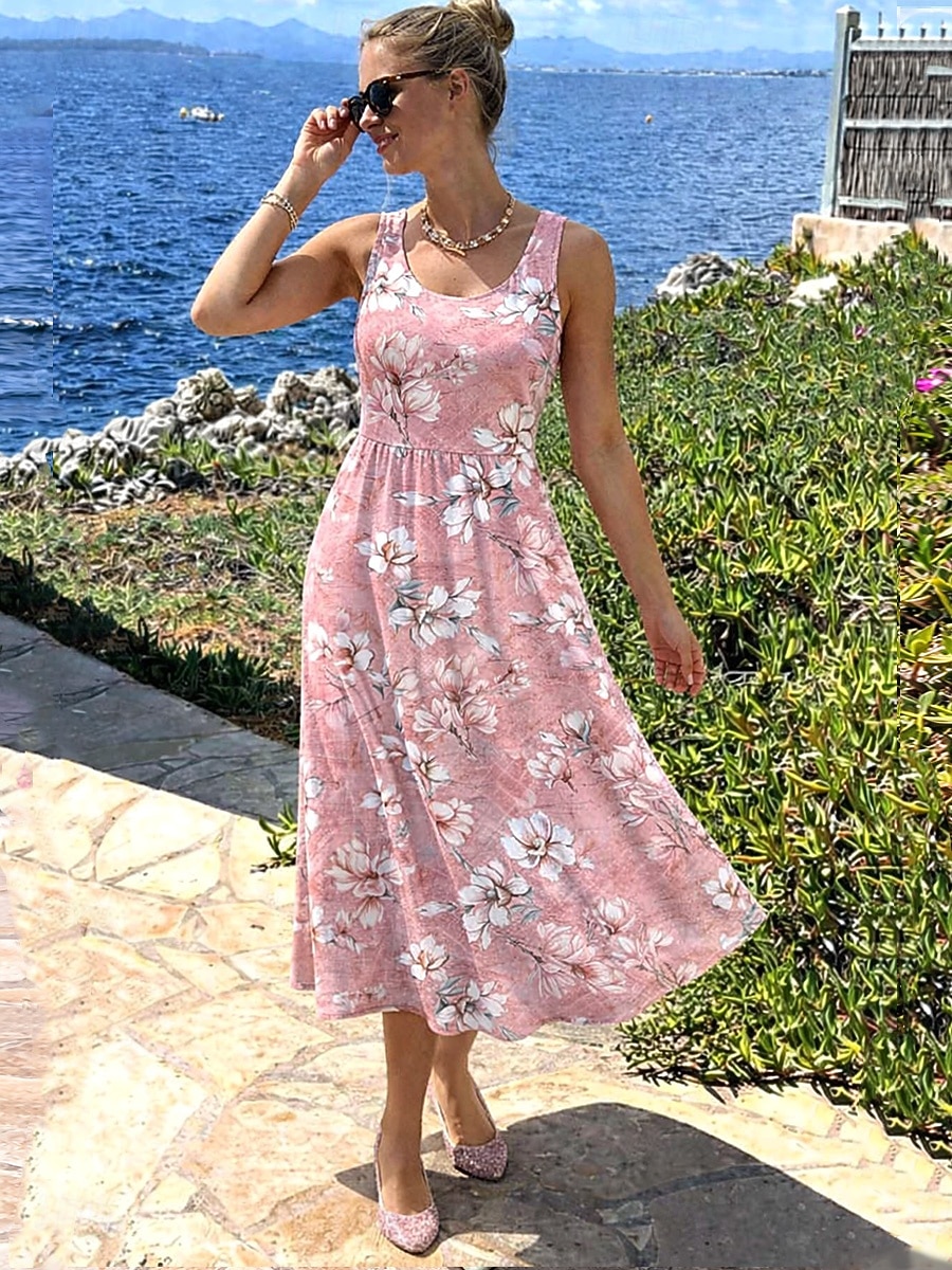 Women's Midi Dress Sundress A Line Dress Slip Dress Pleated Dress Vacation Casual Boho Beach Date Regular Fit Floral Graphic Sleeveless U Neck Pink Summer Spring 2026 - $33.99 –P1