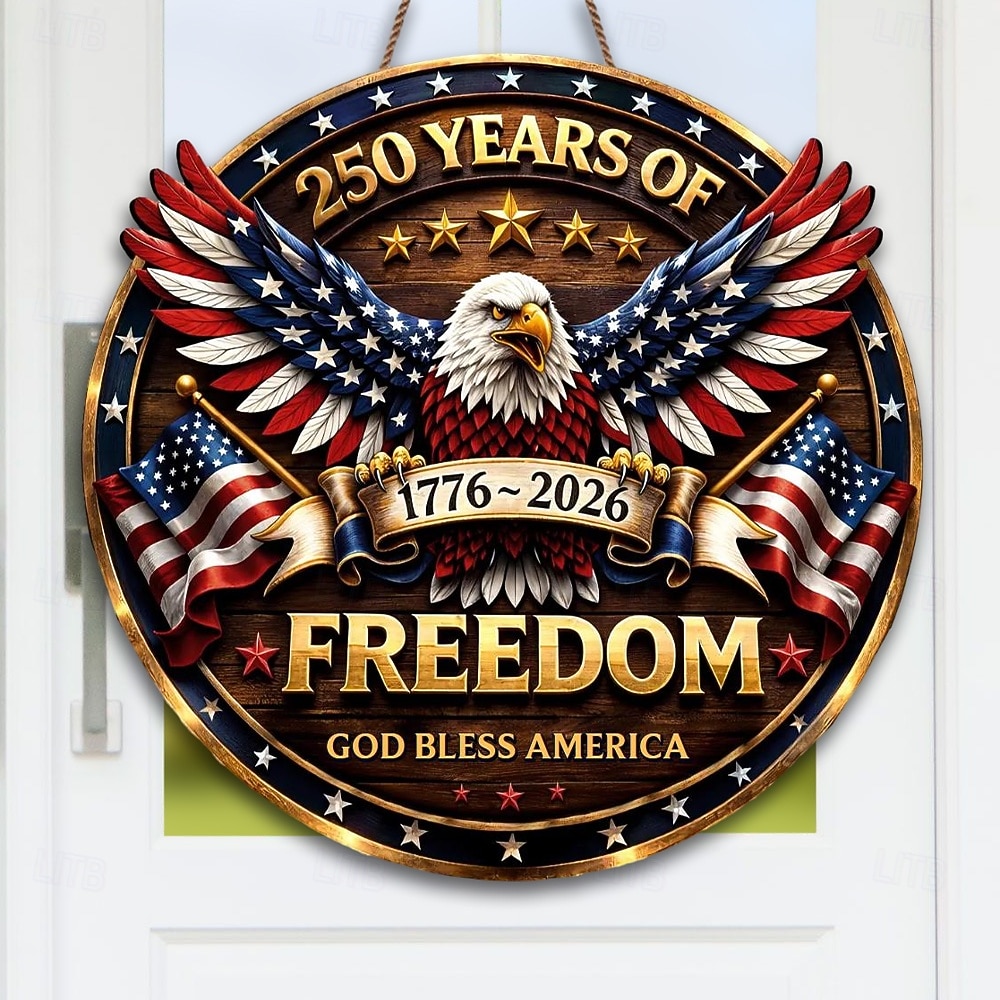 U.S. 250th Anniversary Wood Sign Patriotic Door Hanger, God Bless America Independence Day Decor with Eagle, Liberty Bell & Statue of Liberty, 1776–2026 4th of July Front Door Decoration 2026 - $25.99 –P4
