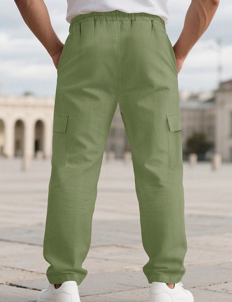 Men's Linen Pants Trousers Summer Pants Beach Pants Drawstring Elastic Waist Solid Color Comfort Breathable Full Length Daily Outdoor Beach Vacation Fashion Black White Inelastic 2026 - $22.99 –P2