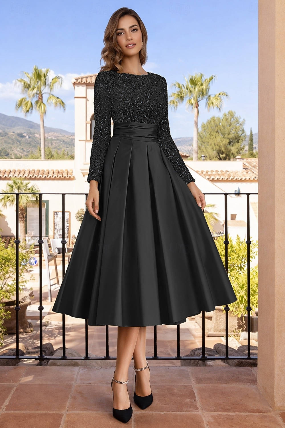 Linea ad A Lunghezza Tè Abiti da Cocktail Abiti da festa Elegante Brillanti Manica Lunga Girocollo Natale Ospite di nozze Raso Velluto con Pieghe Paillettes del 2026 a $126.99 –P16