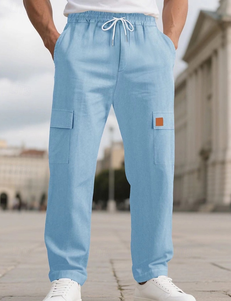 Men's Linen Pants Trousers Summer Pants Beach Pants Drawstring Elastic Waist Solid Color Comfort Breathable Full Length Daily Outdoor Beach Vacation Fashion Black White Inelastic 2026 - $22.99 –P8