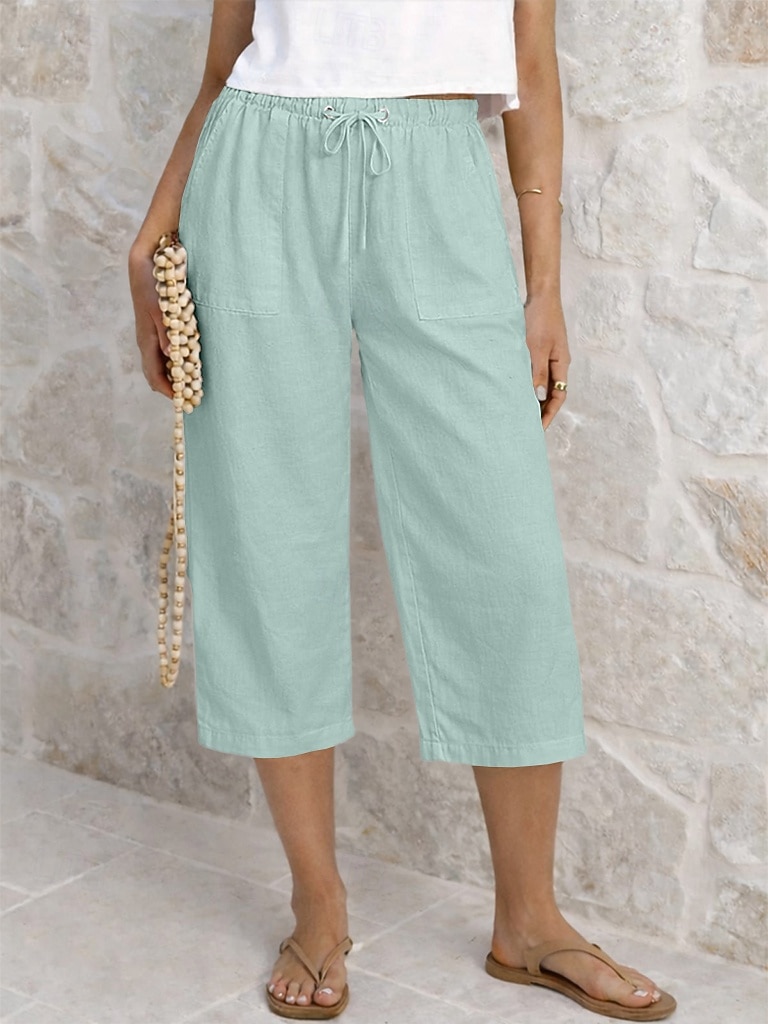 Dam Capribyxor Sommarshorts Beskurna byxor Capri byxor i linne Mode Grundläggande Vadlängd Medium Midja Slät Snörning Ficka Elastisk midja Lättvikt Andningsfunktion Oelastisk Semester Gata Dagliga 2026 - $22.99 –P16