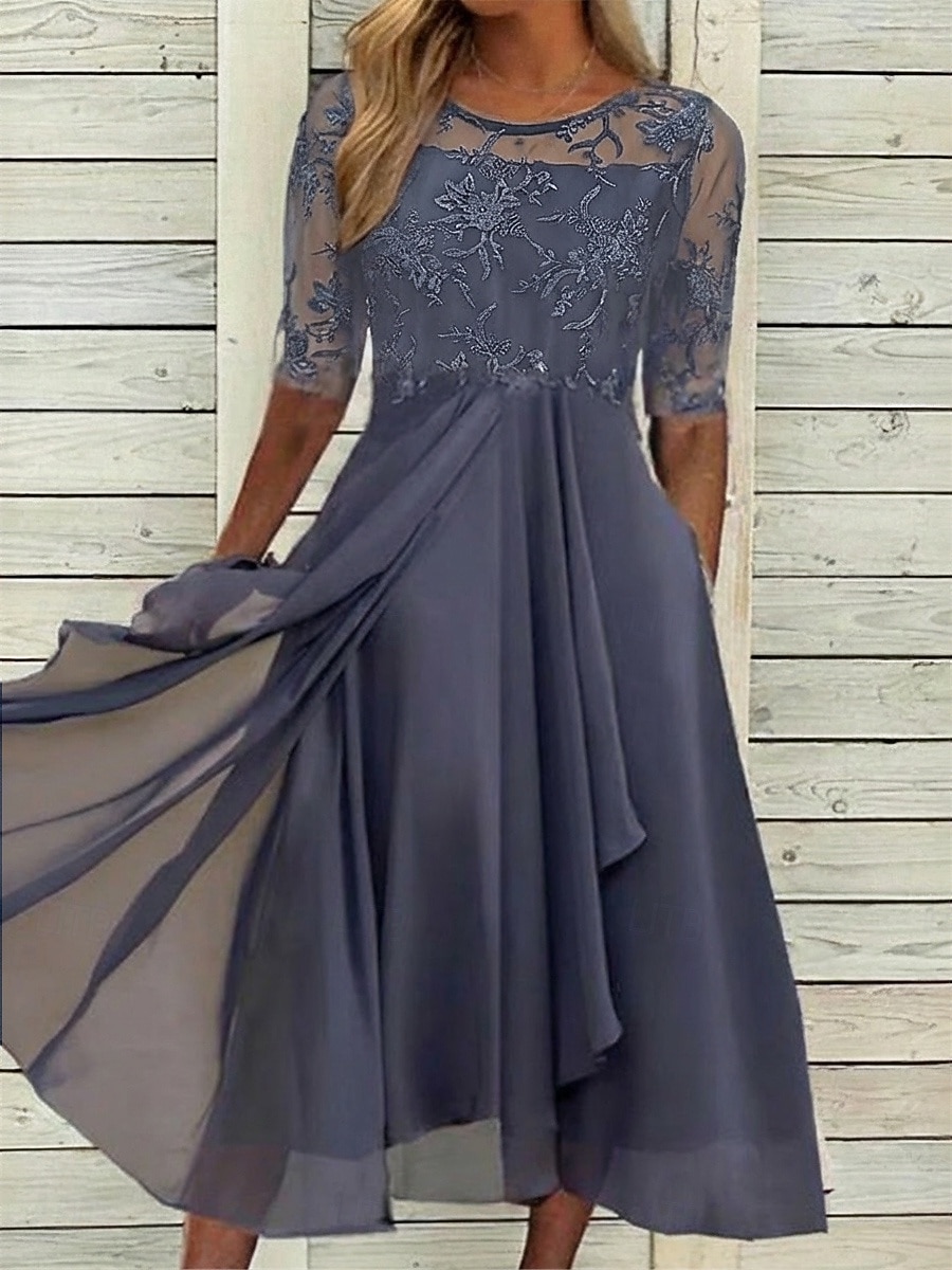 Damen Midikleid Spitzenkleid Cocktailkleid Kleid für Hochzeitsgäste Chiffonkleid Elegant Formell Party Hochzeit Normale Passform Halbarm Rundhalsausschnitt Blau Rosa Wein Dunkelgrün Sommer 2026 - $44.99 –P5