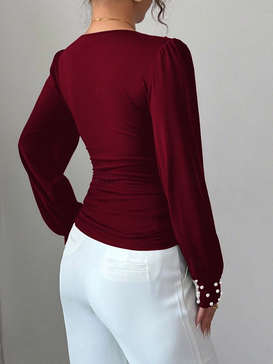 Dam Skjorta Blus Långärmade toppar Rynkad Slät Mode Stylish Klassisk Långärmad V-hals Vanliga toppar Dagligen Helgdag Utekväll Svart Vin Aprikos Sommar Vår 2026 - $29.99 –P9