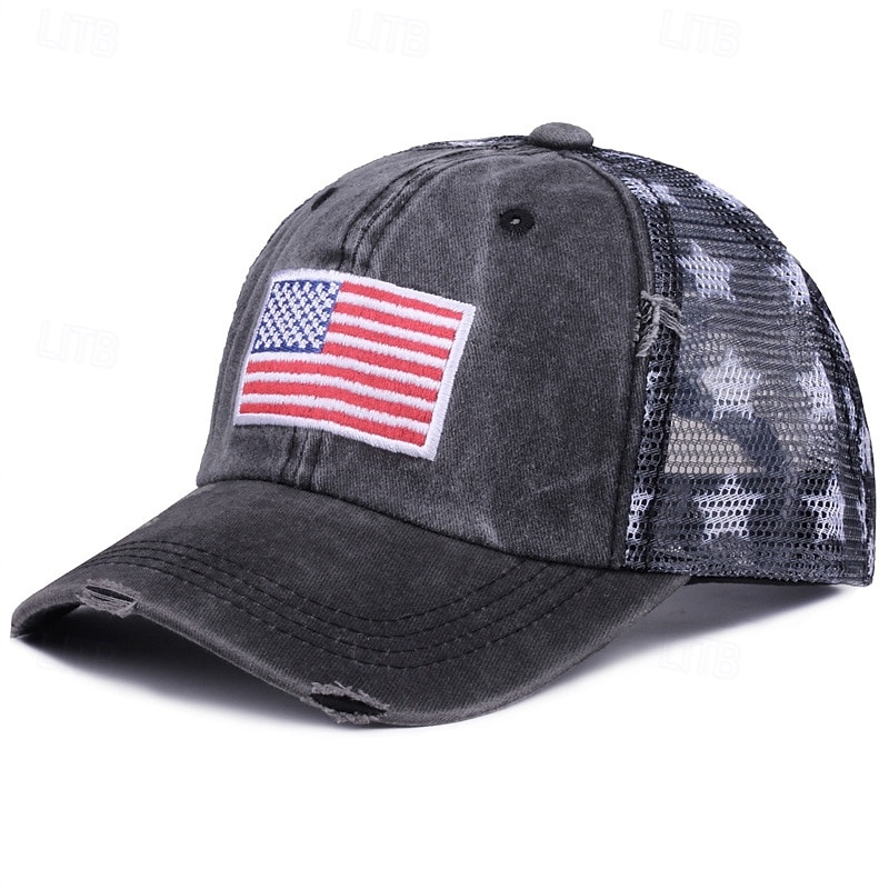 Cappellino da baseball patriottico in cotone lavato con stella della bandiera americana ricamata, cappellino da camionista vintage effetto invecchiato con rete per uomo e donna, 4 luglio, giorno del 2026 a $16.99 –P3