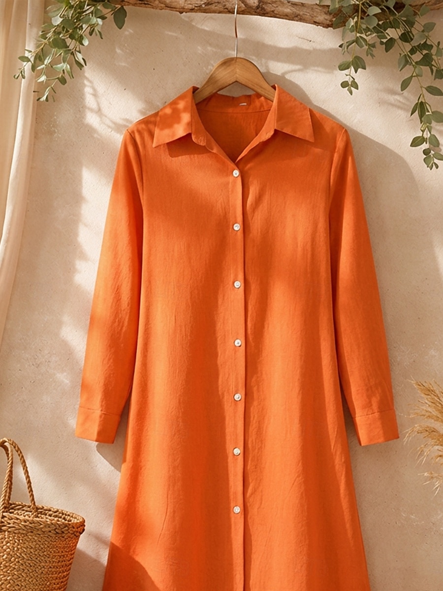 Women's Midi Dress Linen-feel Dresses Shirt Dress Casual Dress A Line Dress Fashion Basic Modern Daily Vacation Going out Regular Fit Plain Long Sleeve Shirt Collar Blue Black Wine Orange Spring Fall 2026 - $27.99 –P3