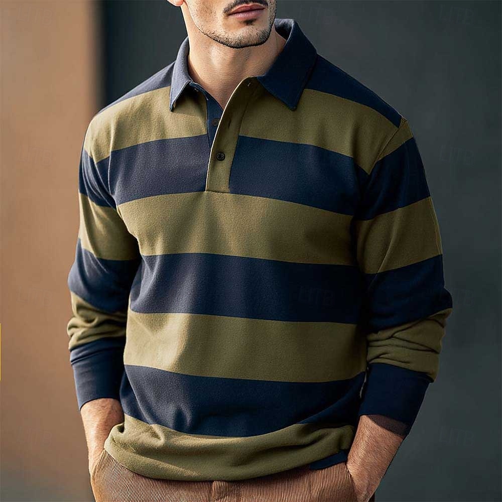 Per uomo Strisce orizzontali Polo da rugby Manica Lunga Magliette polo Camicie con Colletto Casual All'aperto Scuola Athleisure Stampa 3D Primavera Autunno Inverno Marrone Verde Verde militare del 2026 a $31.99 –P1