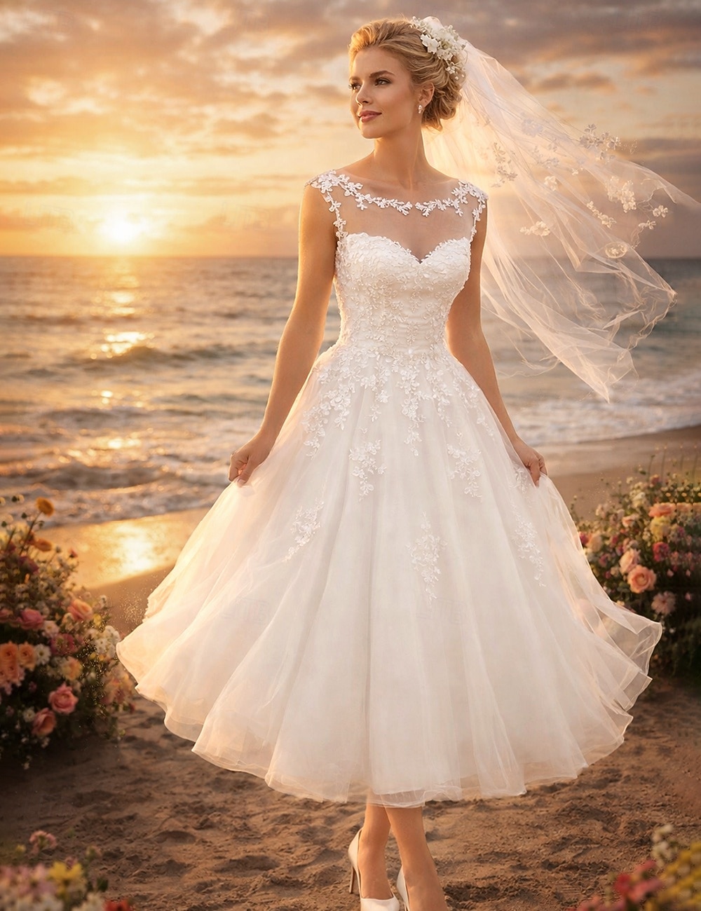 A-Linie Tee-Länge Hochzeitskleider Brautkleider Brautkleid Vintage 1940er / 1950er Kleine Weiße Kleider Ärmellos Illusionsausschnitt Abschlussfeier Geburtstag Spitze Tüll mit Applikationen 2026 - $172.99 –P1