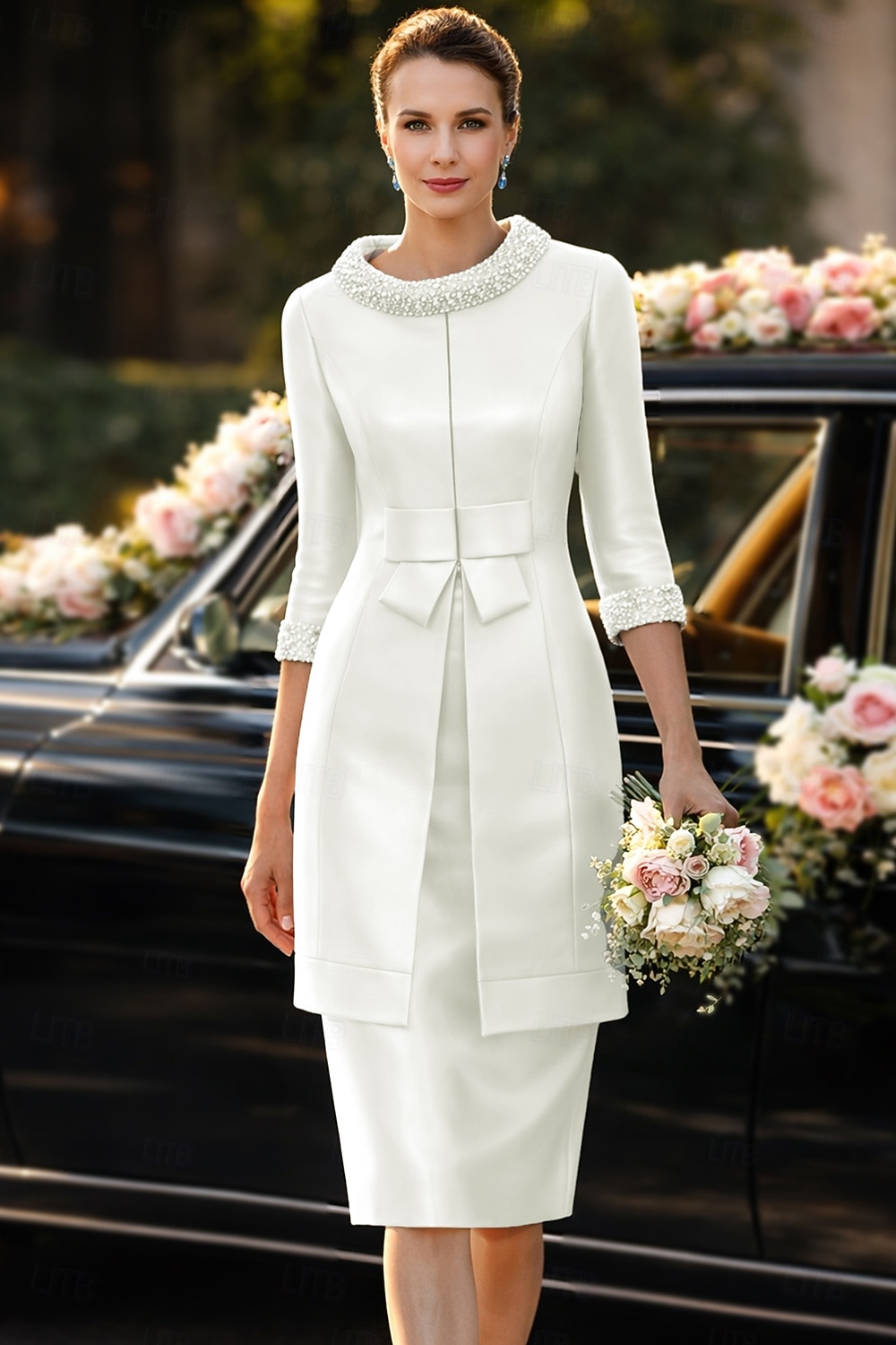 Dos Piezas Funda Columna Hasta la Rodilla Vestido Invitada Boda Vestido de Madrina Correas Joya Elegante Invitado a la boda Fiesta de Boda Iglesia Satén Vestidos de chaqueta con Cinta / Lazo Lazo(s 2026 - $206.99 –P6