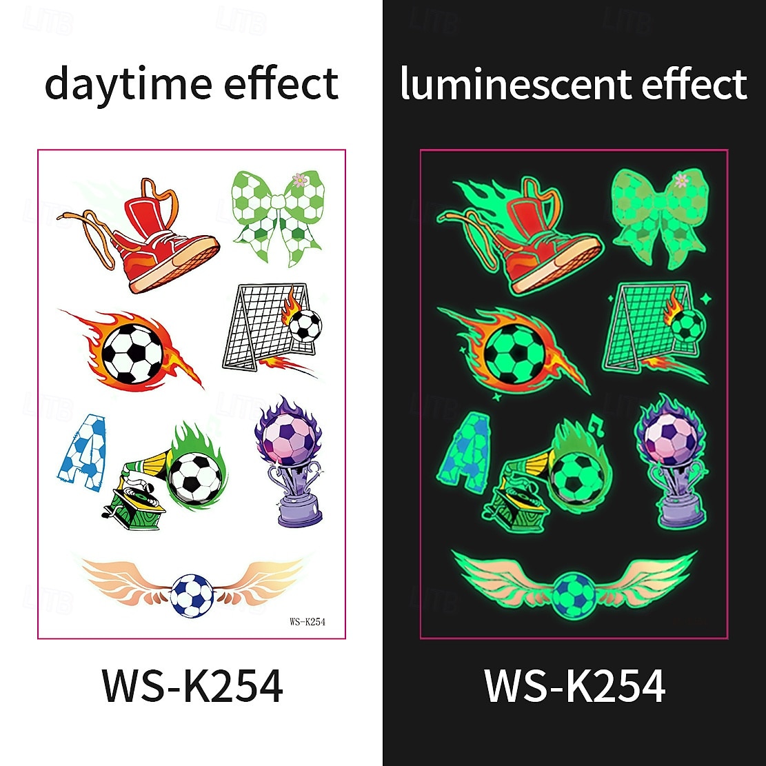 10 db sötétben világító foci ideiglenes tetoválás, neonzöld reaktív, vízálló &könnyen eltávolítható testfesték, játékosokkal, trófeákkal, lángokkal díszítve, tökéletes fociparti ajándékok &ajándékok 2026 - $9.99 –P6