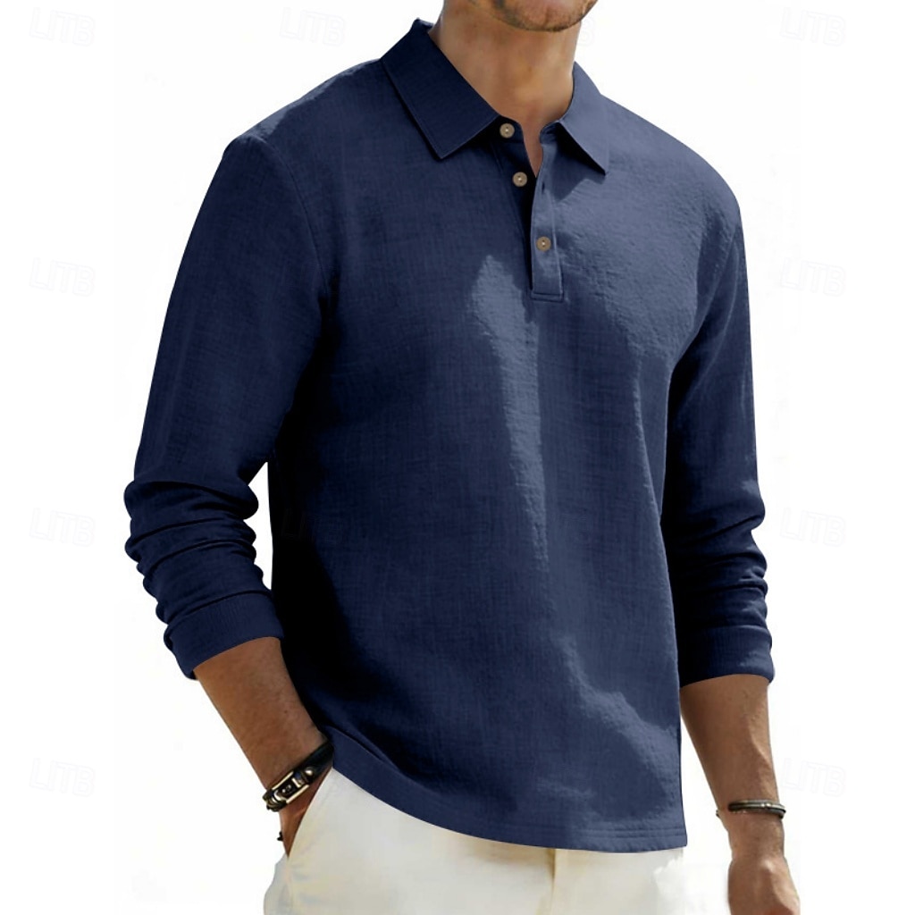 Men's Linen Shirt Polo Shirts Casual Street Lapel Long Sleeve Basic Modern Plain Buttons Spring Fall Regular Fit Black White Navy Blue Khaki Dark Grey Army Green Linen Shirt 2026 - $22.99 –P5