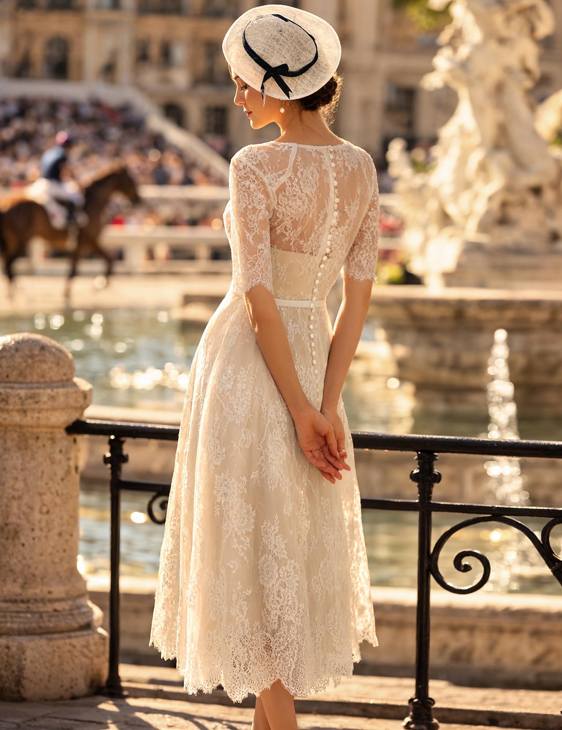 Corte A Vestido Midi Vestidos de novia Vestidos para la despedida de soltera Vestido de novia Vestidos Blancos Vestidos Novia en Color Media Manga Escote de ilusión Graduación Cumpleaños Encaje con 2026 - $175.99 –P2