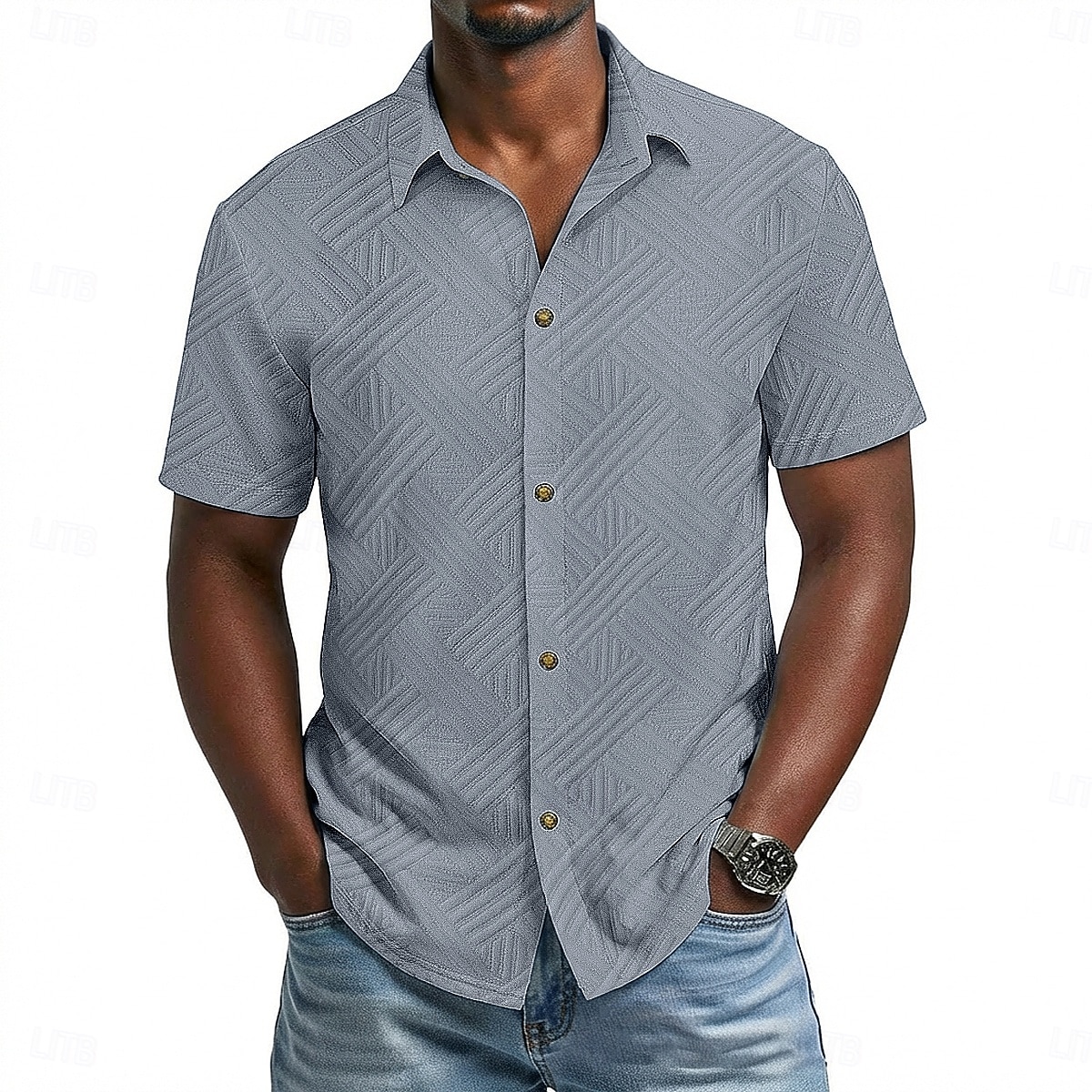 Voor heren Overhemd Normaal shirt Overhemd met knopen Jacquard overhemd Zwart Wit Abrikoos Grijs Licht Blauw Korte mouw Geometrisch Effen Revers Casual Dagelijks Jacquard Kleding Elegant Modieus 2026 - $25.99 –P8